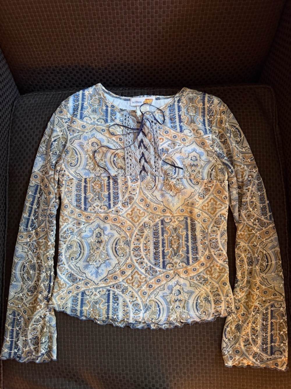 le chateau Paisley Lace-Up Long Sleeve Top in Blue and Cream